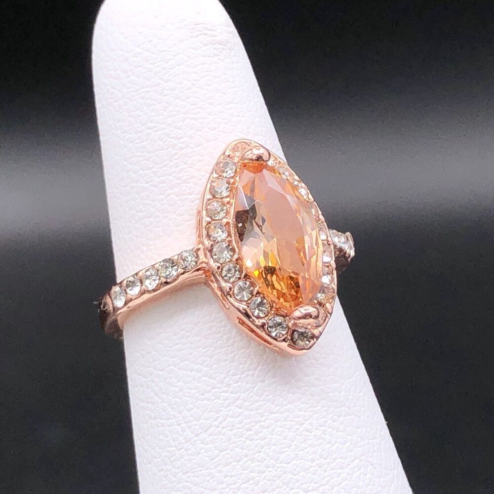 Aquamarise Halo Ring Sz 5.25 Peach Morganite Marquise CZ 14k Rose‎ Gold Vermeil